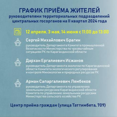 График приёма жителей Карагандинской области руководителями департаментов и инспекций на II квартал 2024 года