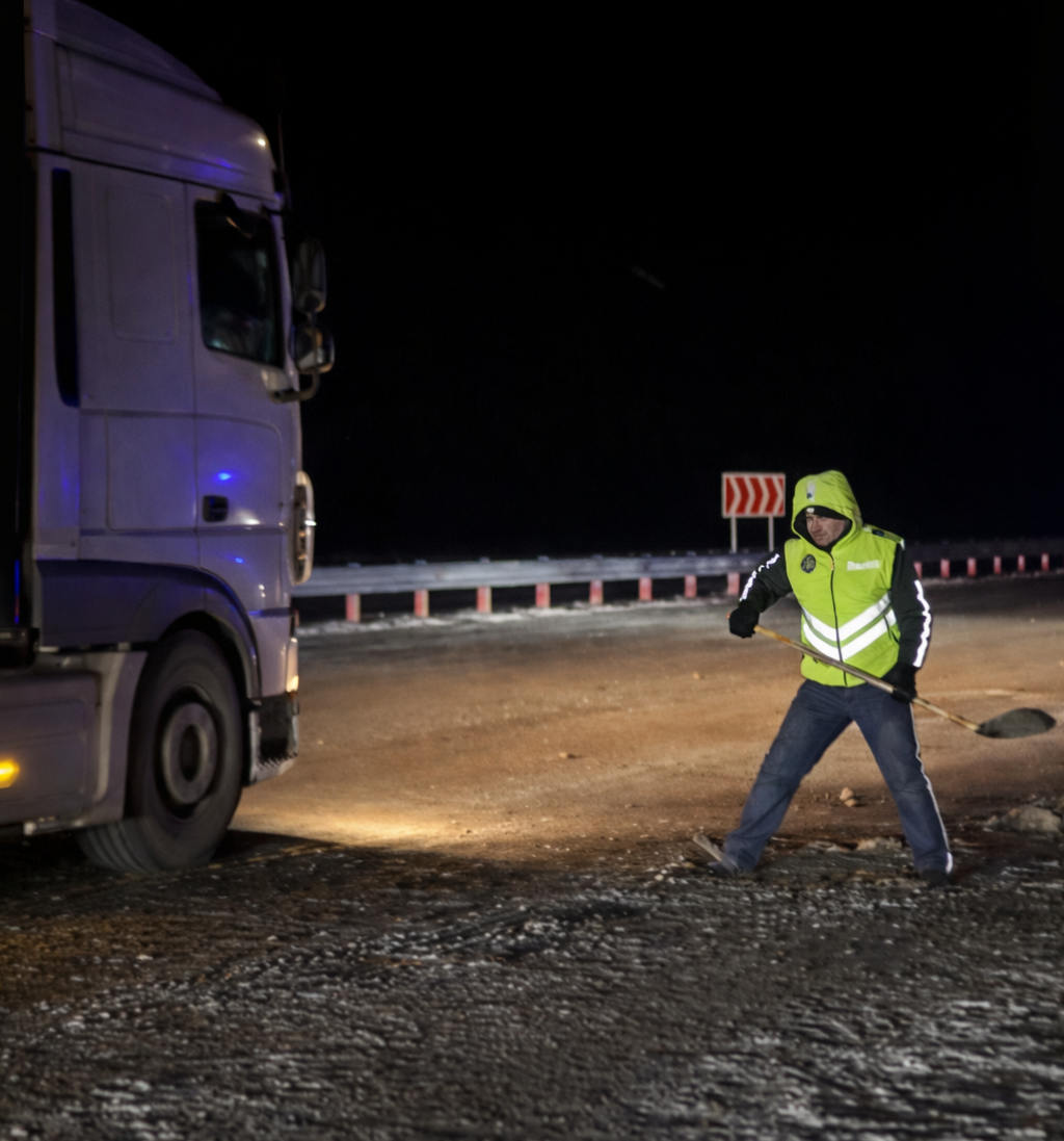 Полицейские взяли в руки лопаты и боролись с гололёдом на трассе в Карагандинской области