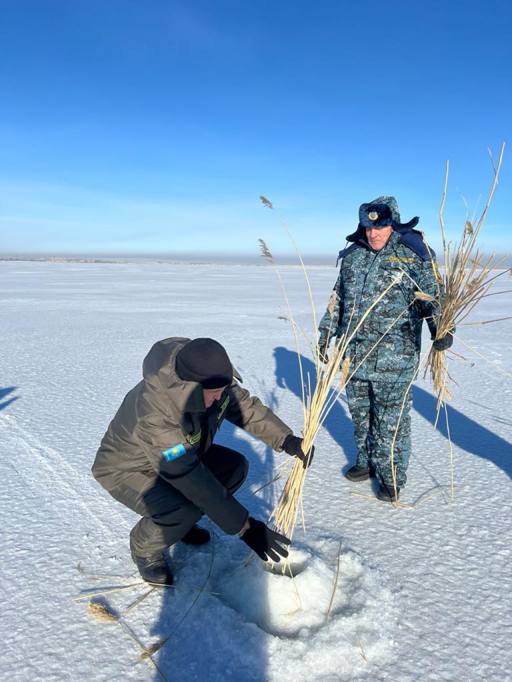 На водоемах Карагандинской области бурят лунки, чтобы избежать гибели рыбы
