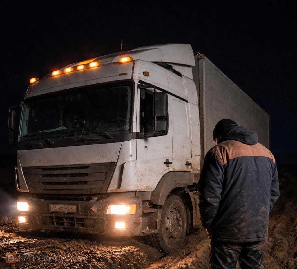 В Карагандинской области два грузовика увязли в размытой дороге
