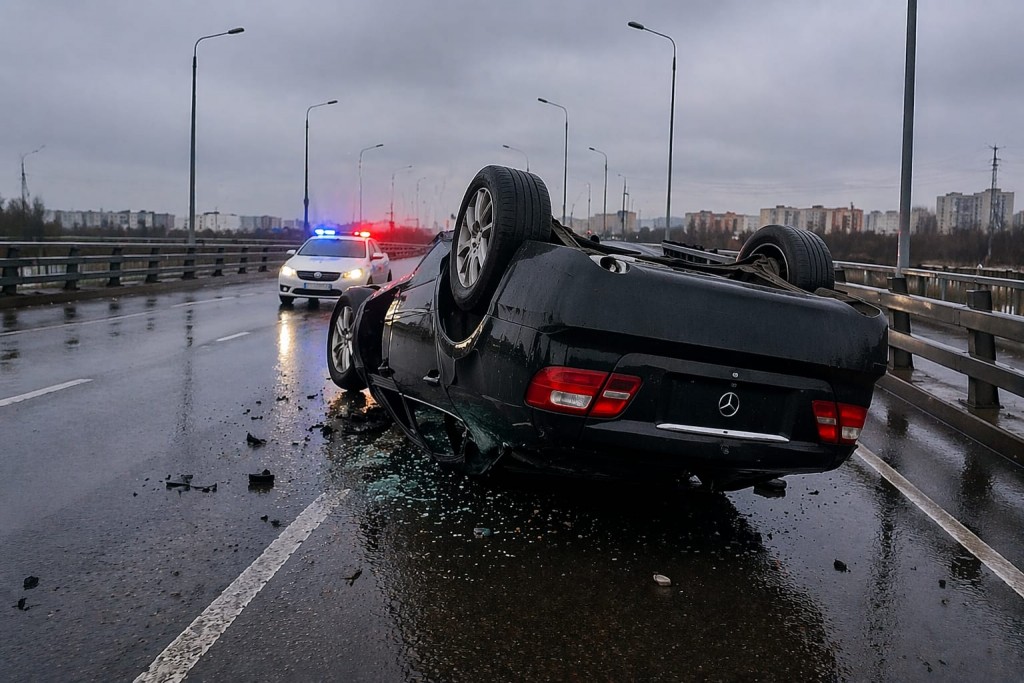 Автомобиль перевернулся на мосту в Караганде