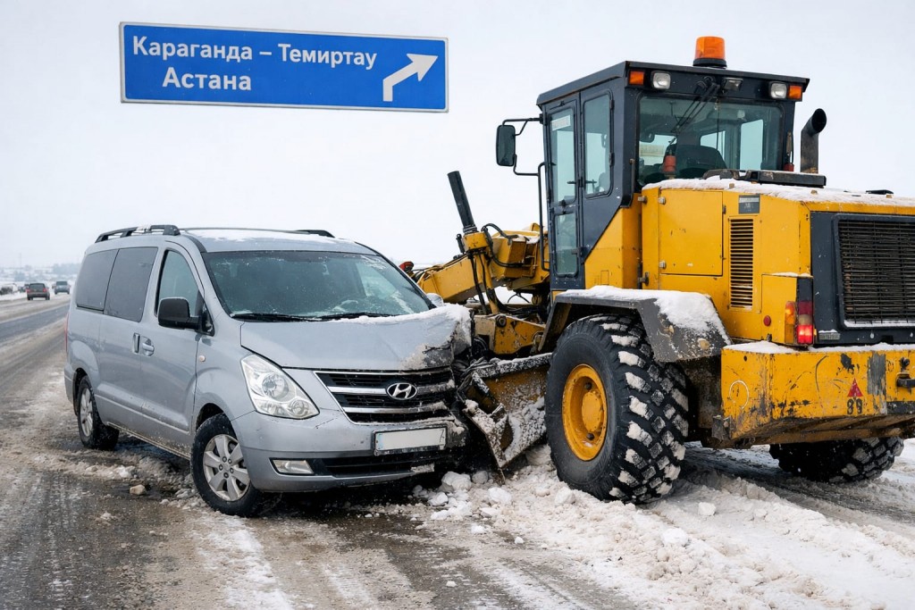На трассе Караганда – Темиртау автомобиль столкнулся с автогрейдером